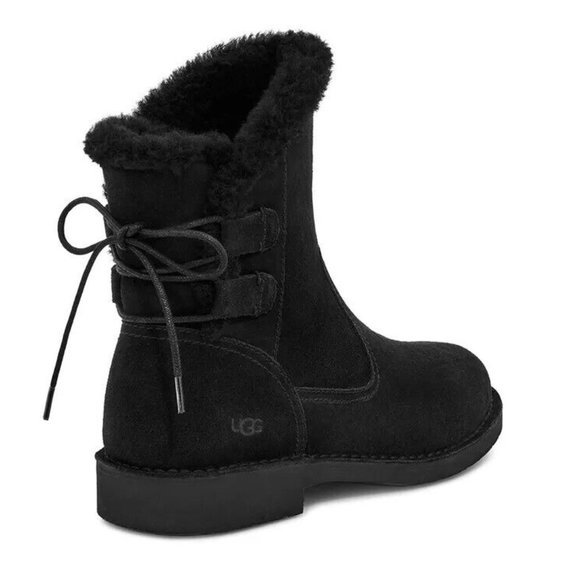 NIB UGG NAIYAH SUEDE SHEEPSKIN TIE WINTER ANKLE BOOTIE BOOTS BLACK - Picture 2 of 10